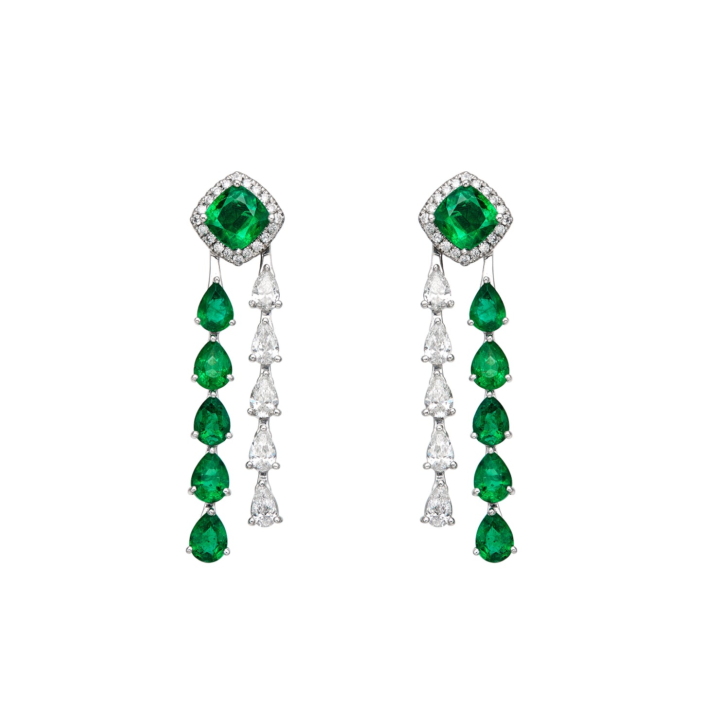 Diamond & Emerald Cushion Raining Drop Earrings