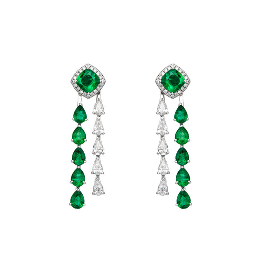 Diamond & Emerald Cushion Raining Drop Earrings